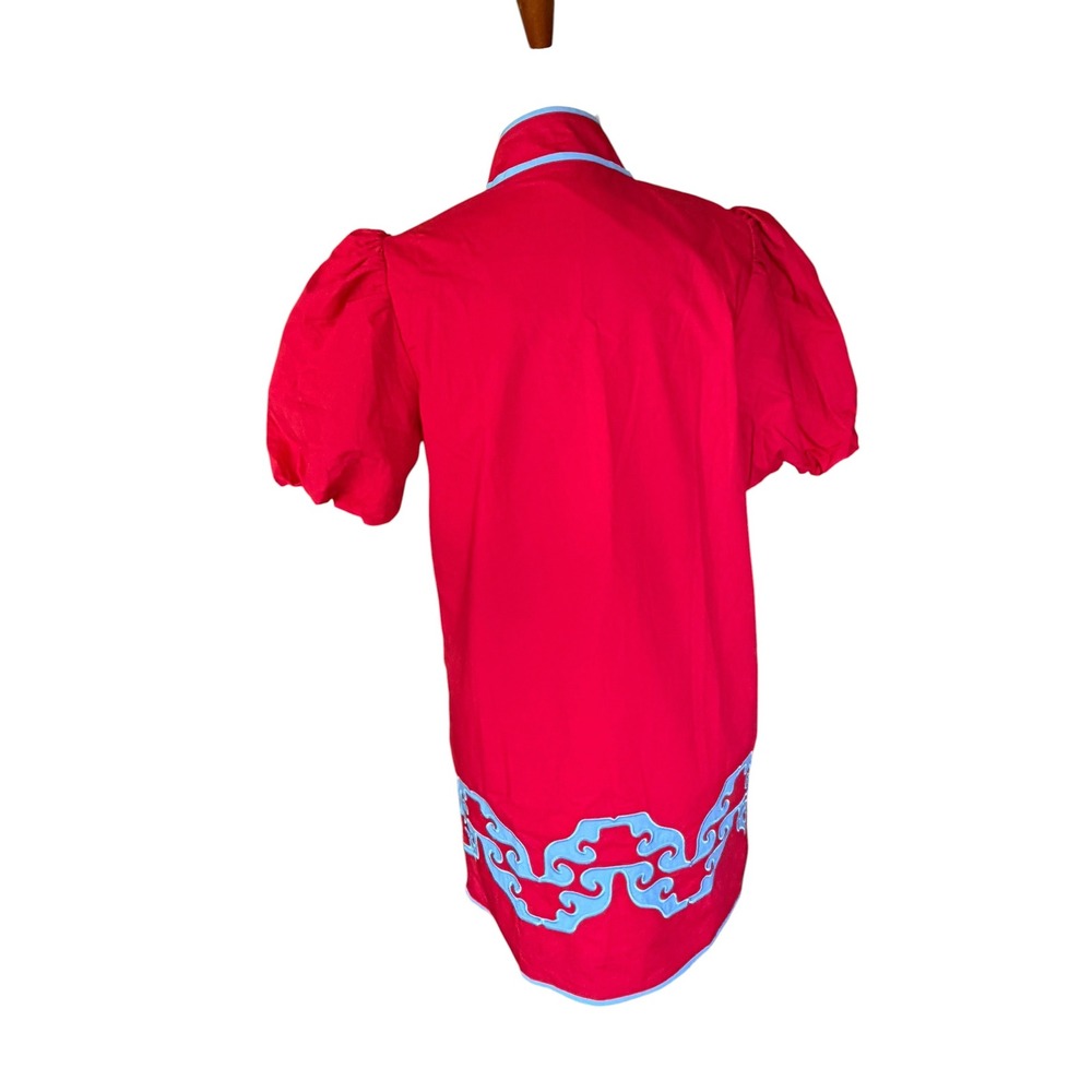 Hyacinth House Red Blue Scroll Applique Puff Sleeve Mini Dress XS AY1369D NWT - Picture 6 of 10